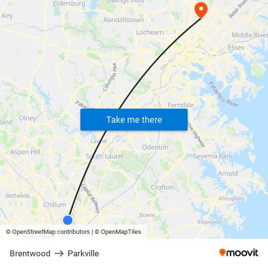 Brentwood to Parkville map