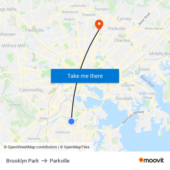 Brooklyn Park to Parkville map