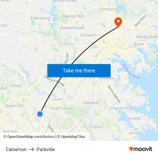 Calverton to Parkville map