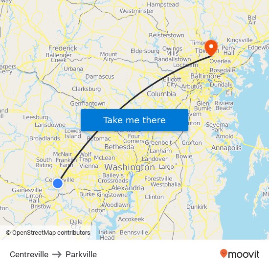 Centreville to Parkville map