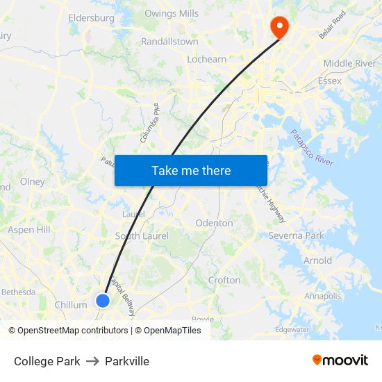 College Park to Parkville map