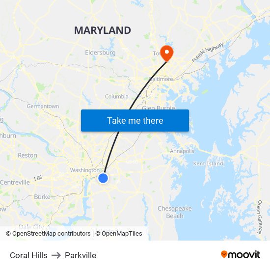 Coral Hills to Parkville map