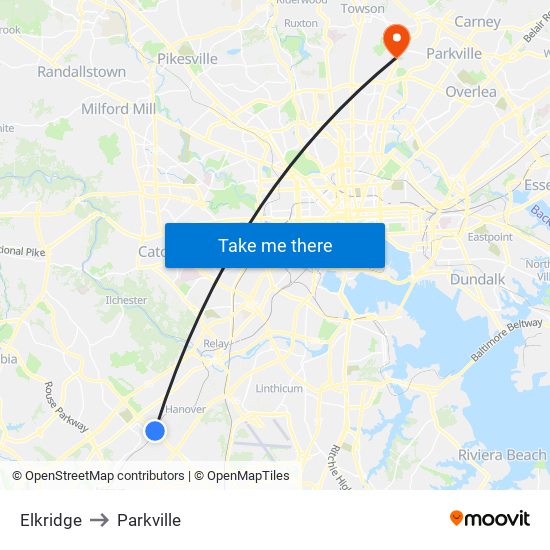 Elkridge to Parkville map