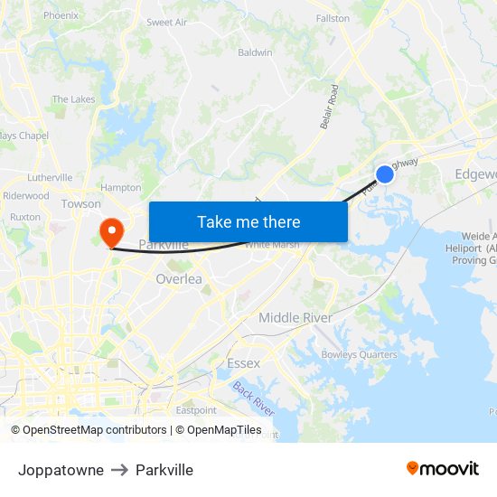 Joppatowne to Parkville map