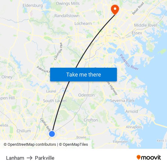Lanham to Parkville map
