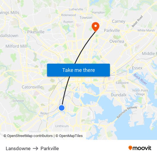 Lansdowne to Parkville map