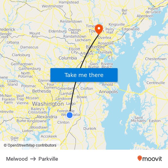 Melwood to Parkville map