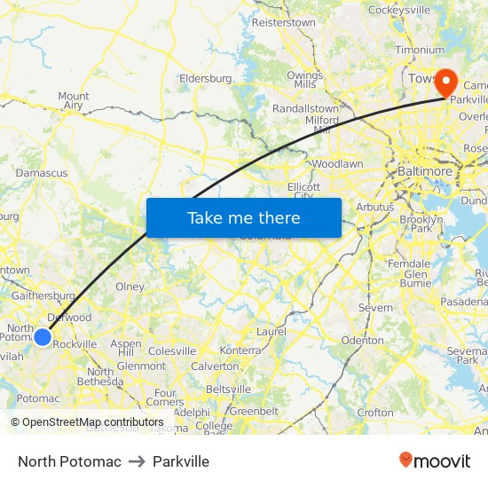 North Potomac to Parkville map