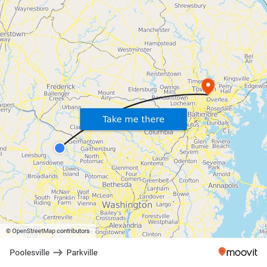 Poolesville to Parkville map