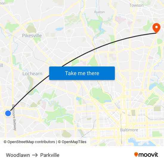Woodlawn to Parkville map