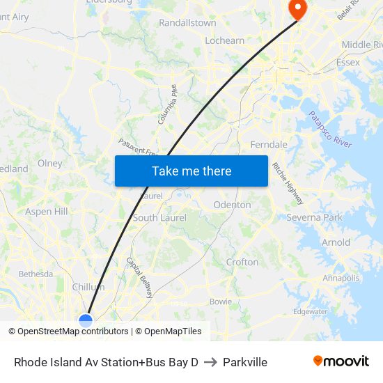 Rhode Island Ave-Brentwood+Bay D to Parkville map