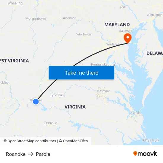 Roanoke to Parole map
