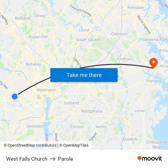 West Falls Church to Parole map