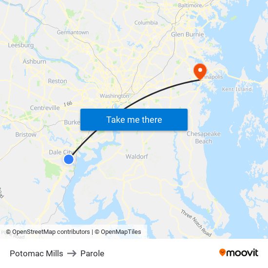 Potomac Mills to Parole map