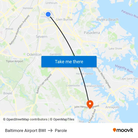 Baltimore Airport BWI to Parole map