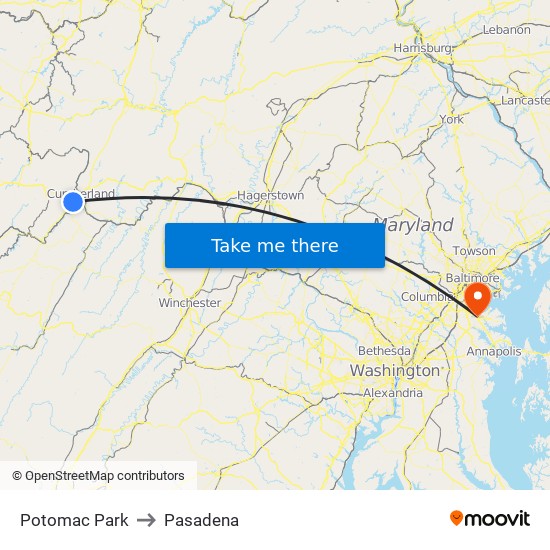 Potomac Park to Pasadena map