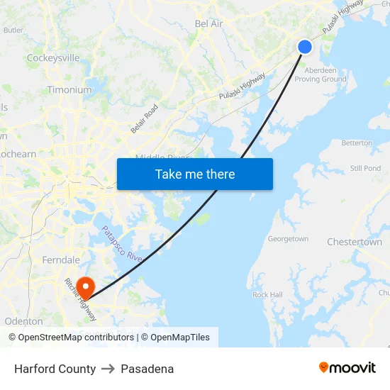 Harford County to Pasadena map
