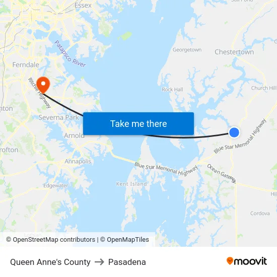 Queen Anne's County to Pasadena map