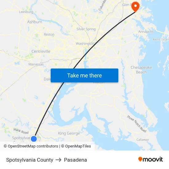 Spotsylvania County to Pasadena map