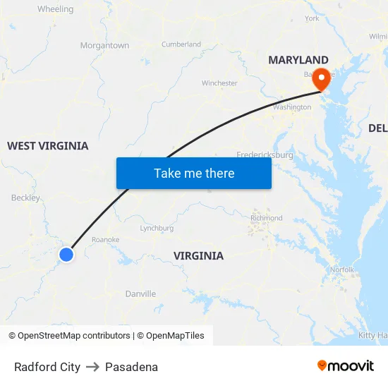 Radford City to Pasadena map