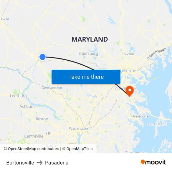 Bartonsville to Pasadena map