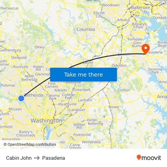 Cabin John to Pasadena map