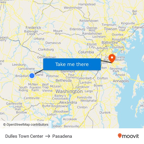 Dulles Town Center to Pasadena map