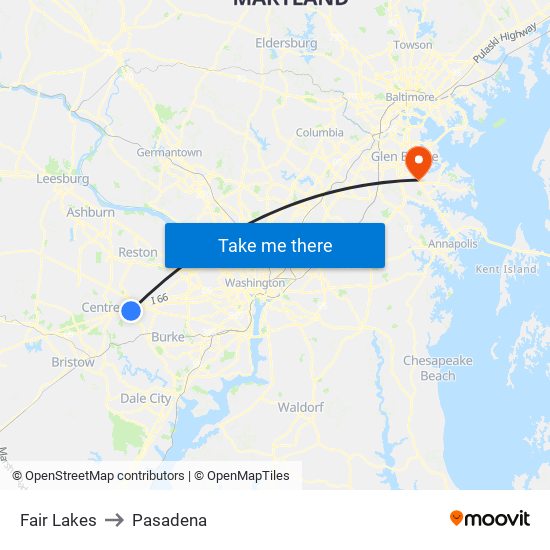 Fair Lakes to Pasadena map