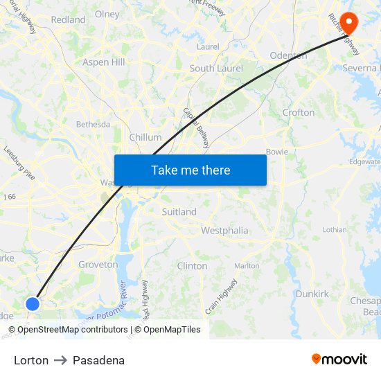 Lorton to Pasadena map