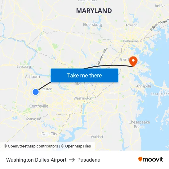 Washington Dulles Airport to Pasadena map