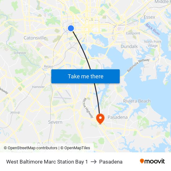 West Baltimore Marc Station Bay 1 to Pasadena map