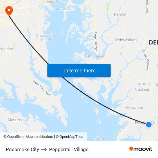 Pocomoke City to Peppermill Village map