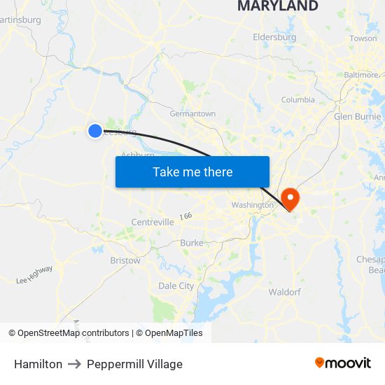 Hamilton to Peppermill Village map