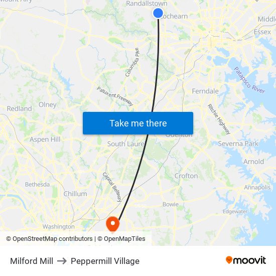 Milford Mill to Peppermill Village map