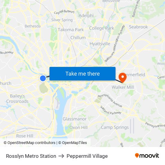 Rosslyn Metro Station to Peppermill Village map