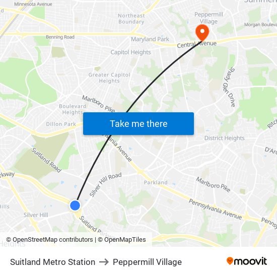 Suitland Metro Station to Peppermill Village map