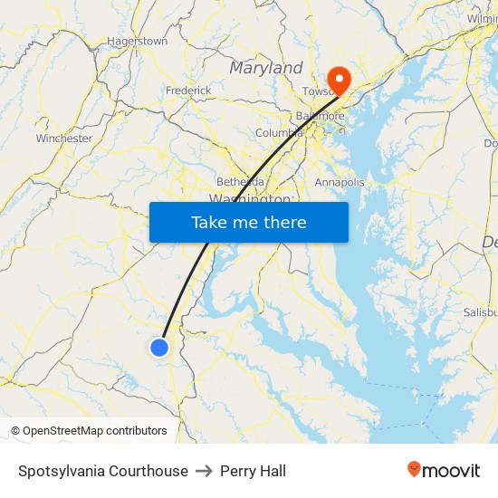 Spotsylvania Courthouse to Perry Hall map