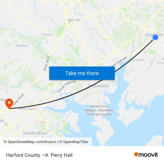 Harford County to Perry Hall map