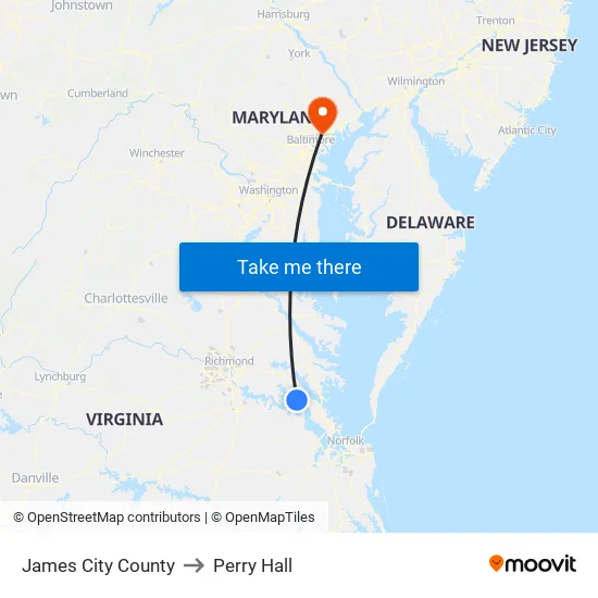 James City County to Perry Hall map