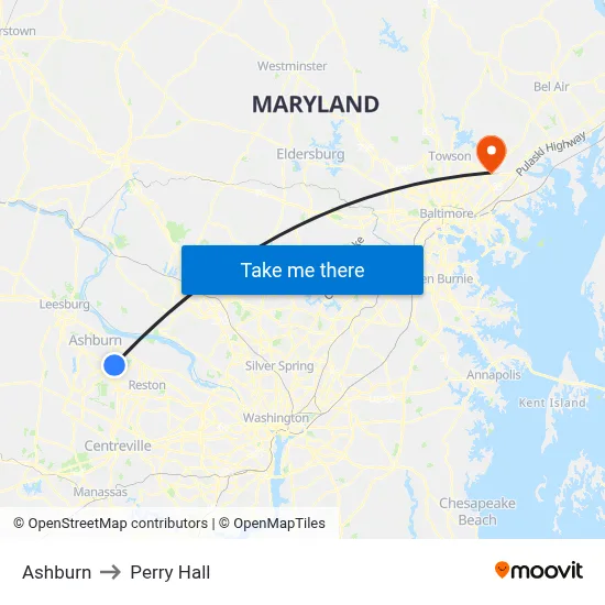 Ashburn to Perry Hall map
