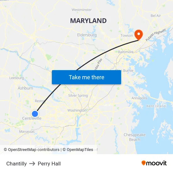 Chantilly to Perry Hall map