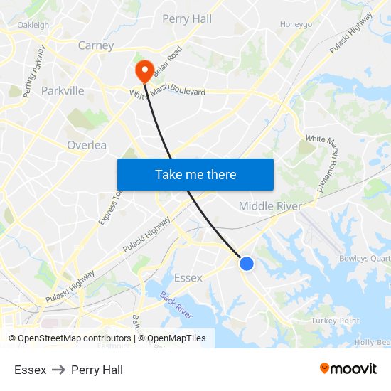 Essex to Perry Hall map