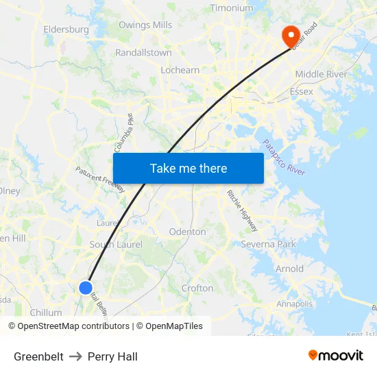 Greenbelt to Perry Hall map