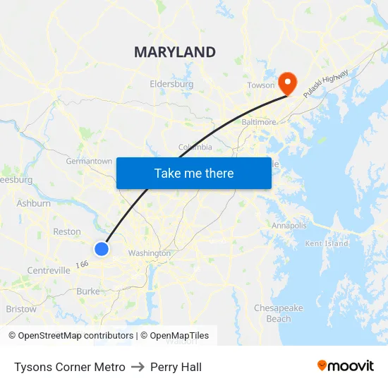 Tysons Corner Metro to Perry Hall map