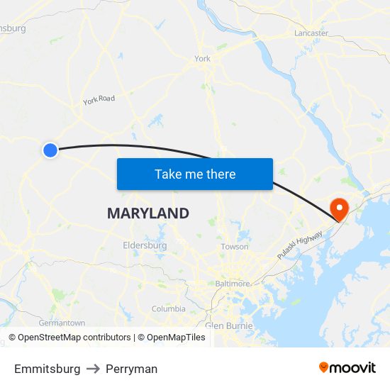 Emmitsburg to Perryman map