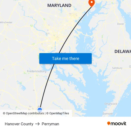 Hanover County to Perryman map