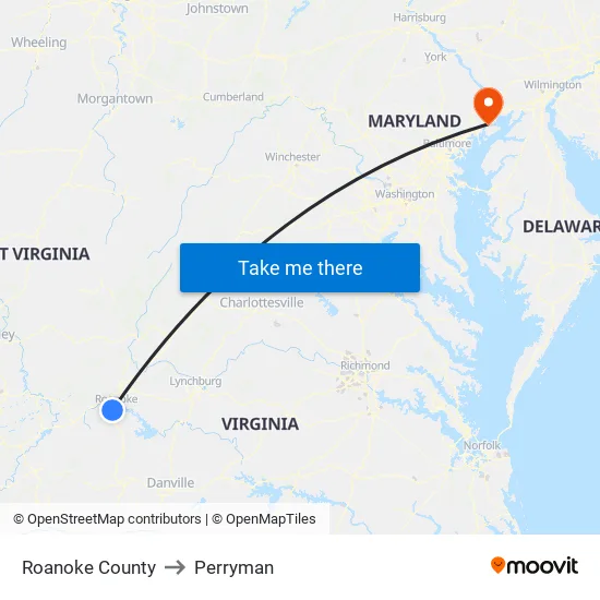 Roanoke County to Perryman map