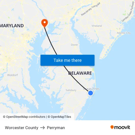 Worcester County to Perryman map