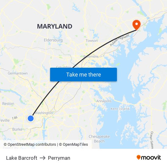 Lake Barcroft to Perryman map