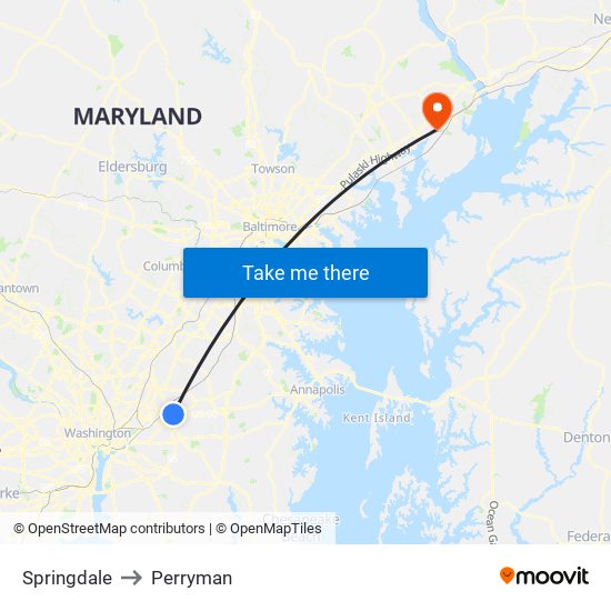 Springdale to Perryman map